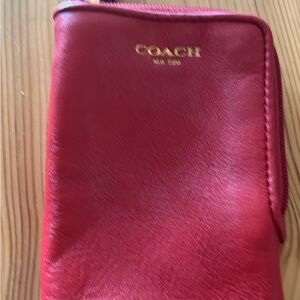 Coach Red Leather Compact Zip Case with Gold Logo wallet